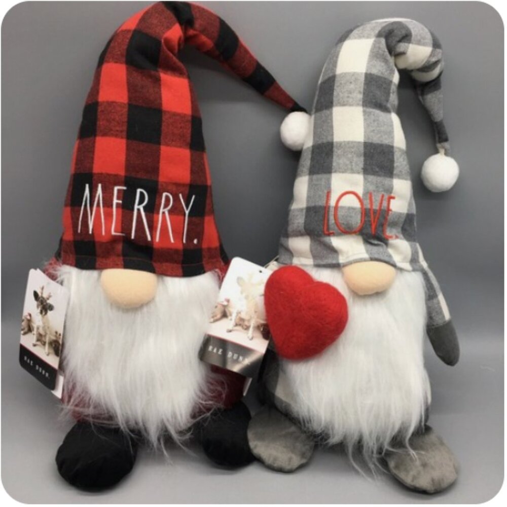 NEW 2 Rae Dunn Christmas Gnome Set Weighted Plush MERRY LOVE Plaid Winter Decor